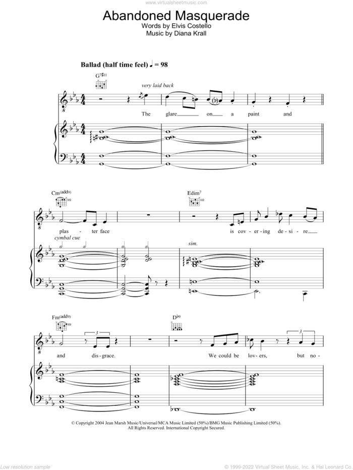 Abandoned Masquerade sheet music for voice, piano or guitar by Diana Krall, intermediate skill level
