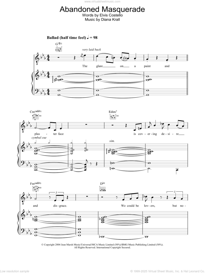 Abandoned Masquerade sheet music for voice, piano or guitar by Diana Krall, intermediate skill level