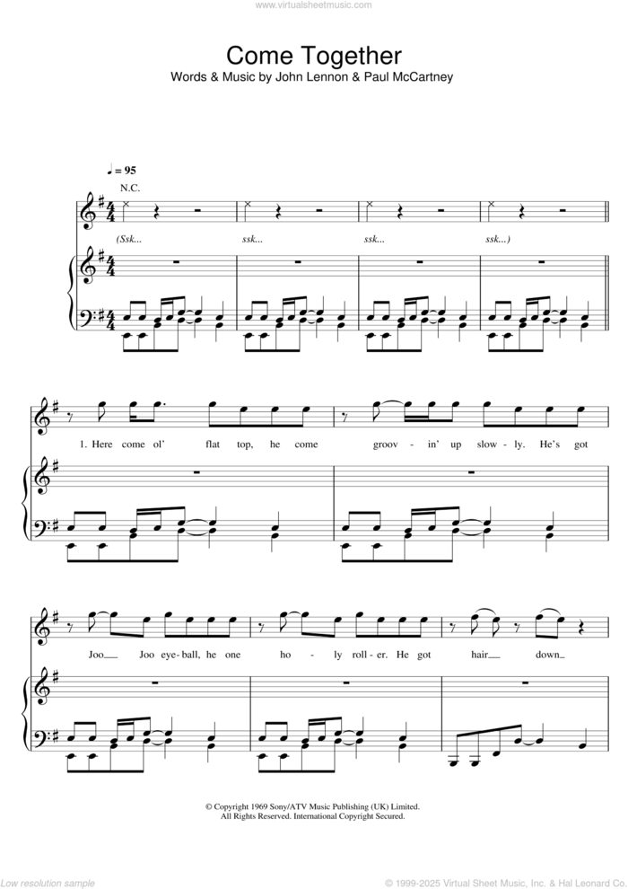 Come Together sheet music for voice, piano or guitar by Paul McCartney, Michael Jackson, The Beatles and John Lennon, intermediate skill level