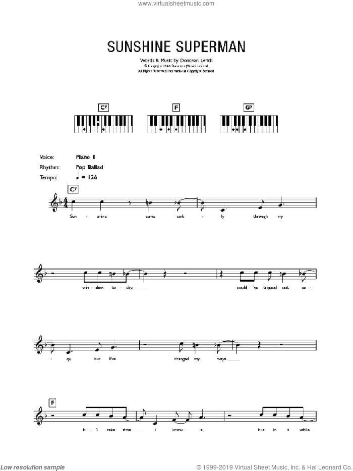 Sunshine Superman sheet music for piano solo (chords, lyrics, melody) by Walter Donovan and Donovan Leitch, intermediate piano (chords, lyrics, melody)