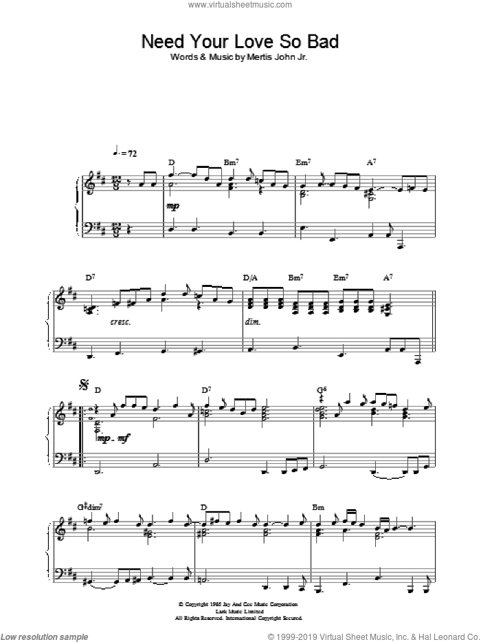 Need Your Love So Bad sheet music for piano solo by Little Willie John and Mertis John Jr., intermediate skill level