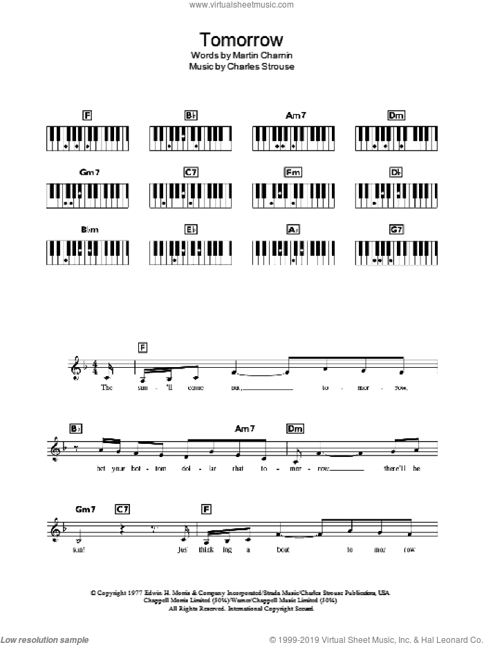 Tomorrow sheet music for piano solo (chords, lyrics, melody) by Charles Strouse, Annie (Musical) and Martin Charnin, intermediate piano (chords, lyrics, melody)
