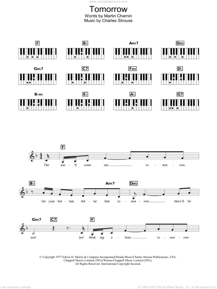 Tomorrow sheet music for piano solo (chords, lyrics, melody) by Charles Strouse, Annie (Musical) and Martin Charnin, intermediate piano (chords, lyrics, melody)