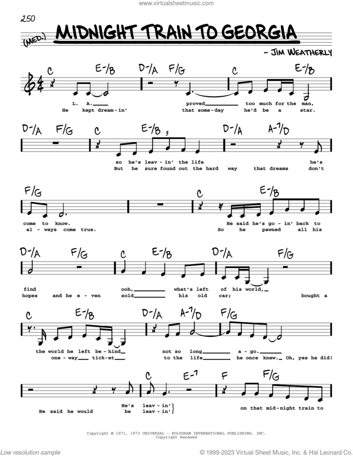 Midnight Train To Georgia (Low Voice) sheet music for voice and other instruments (low voice) by Gladys Knight & The Pips and Jim Weatherly, intermediate skill level