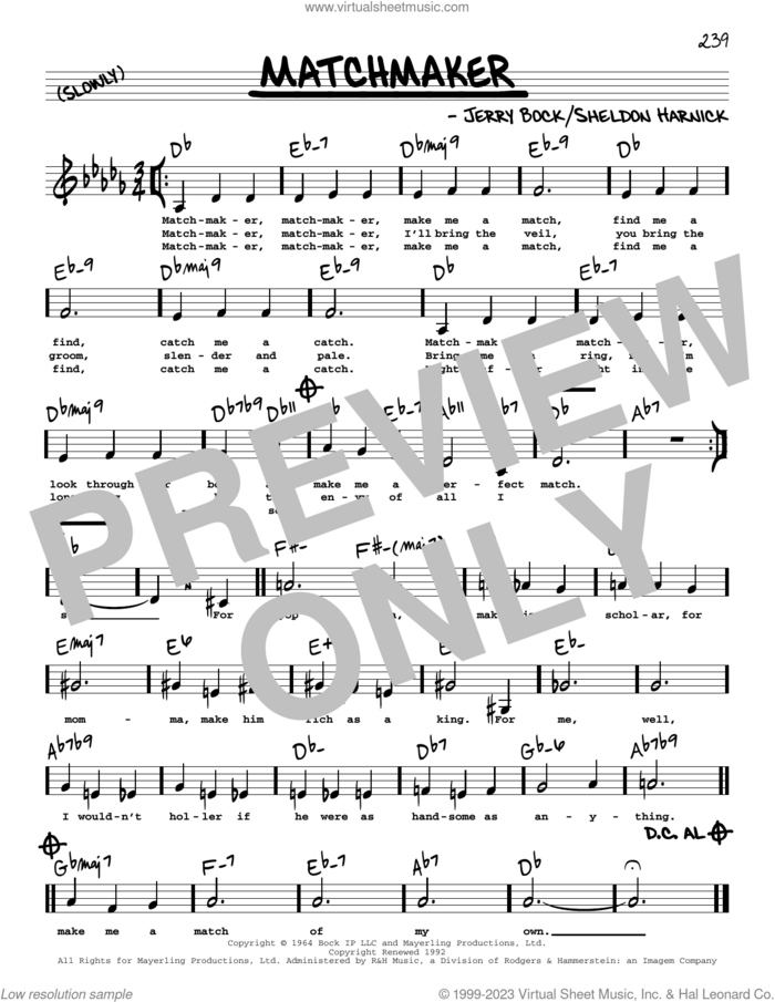 Matchmaker (Low Voice) (from Fiddler On The Roof) sheet music for voice and other instruments (low voice) by Bock & Harnick, Jerry Bock and Sheldon Harnick, intermediate skill level