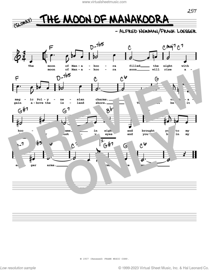 The Moon Of Manakoora (Low Voice) sheet music for voice and other instruments (low voice) by Frank Loesser and Alfred Newman, intermediate skill level