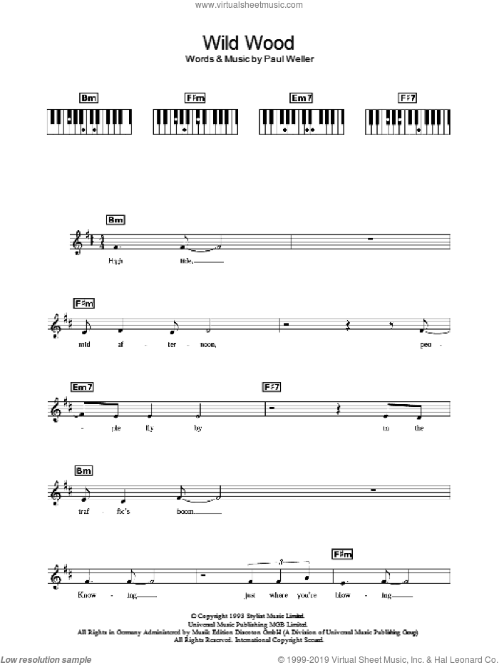 Wild Wood sheet music for piano solo (chords, lyrics, melody) by Paul Weller, intermediate piano (chords, lyrics, melody)