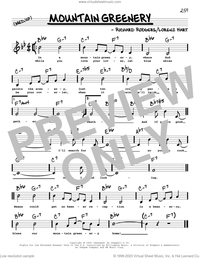 Mountain Greenery (Low Voice) sheet music for voice and other instruments (low voice) by Rodgers & Hart, Lorenz Hart and Richard Rodgers, intermediate skill level