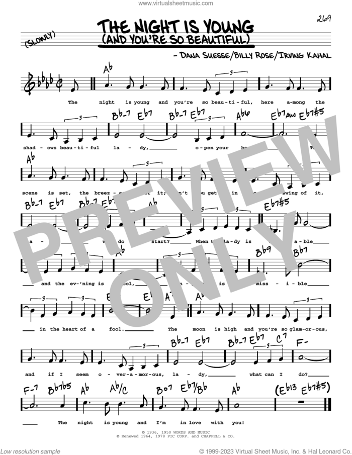 The Night Is Young (And You're So Beautiful) (Low Voice) sheet music for voice and other instruments (low voice) by Billy Rose, Dana Suesse and Irving Kahal, intermediate skill level