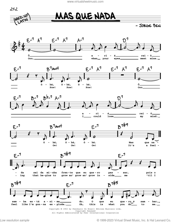 Mas Que Nada (Low Voice) sheet music for voice and other instruments (low voice) by Sergio Mendes and Jorge Ben, intermediate skill level