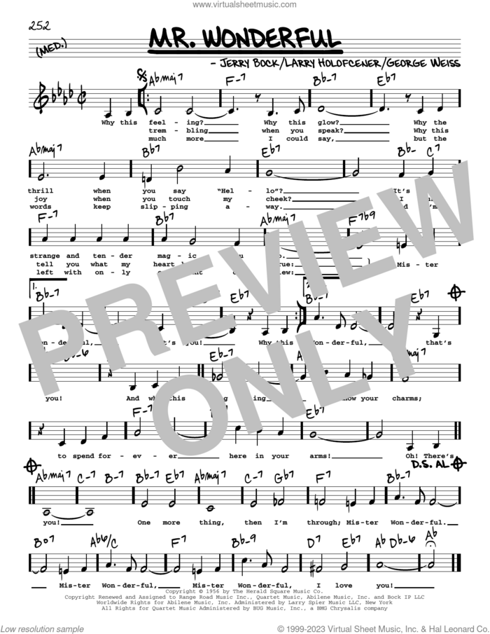 Mr. Wonderful (Low Voice) sheet music for voice and other instruments (low voice) by Peggy Lee, George David Weiss, Jerry Bock and Larry Holofcener, intermediate skill level