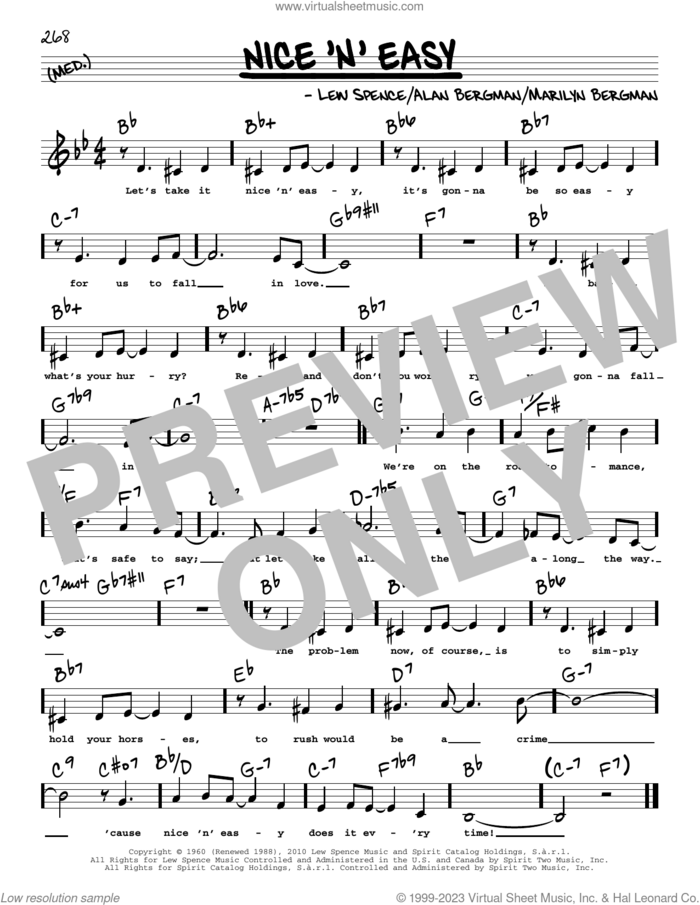 Nice 'n' Easy (Low Voice) sheet music for voice and other instruments (low voice) by Frank Sinatra, Barbra Streisand, Alan Bergman, Lew Spence and Marilyn Bergman, intermediate skill level