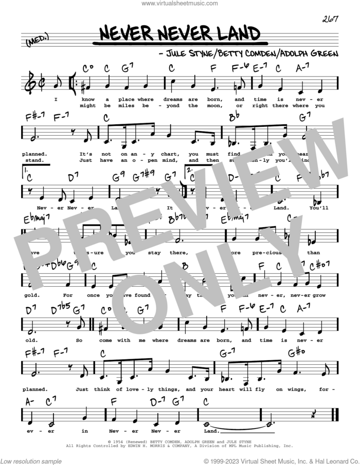Never Never Land (Low Voice) sheet music for voice and other instruments (low voice) by Betty Comden, Adolph Green and Jule Styne, intermediate skill level