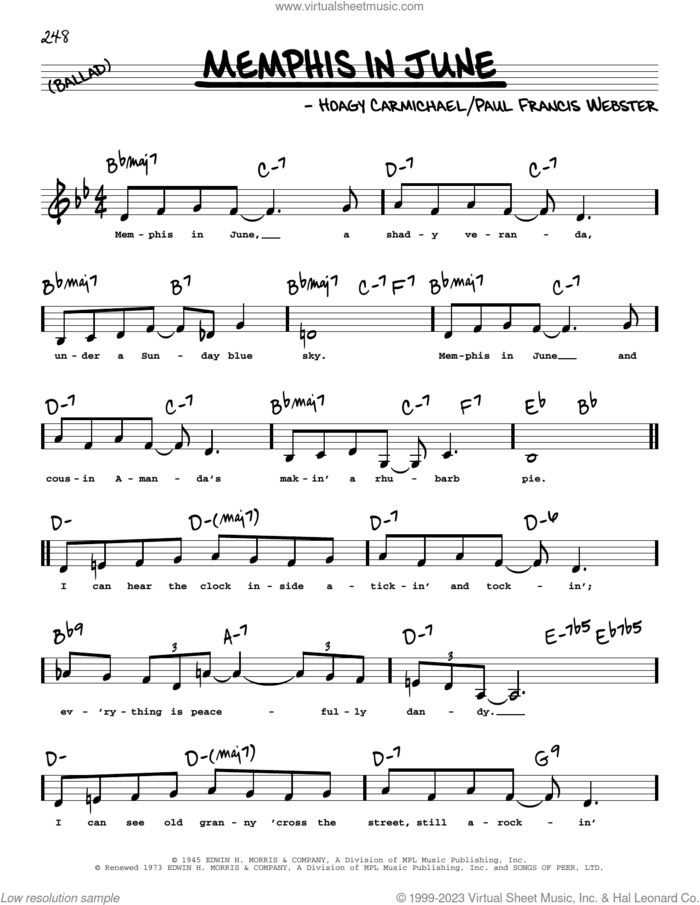 Memphis In June (Low Voice) sheet music for voice and other instruments (low voice) by Hoagy Carmichael and Paul Francis Webster, intermediate skill level
