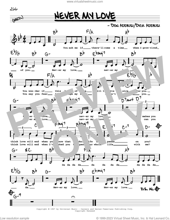 Never My Love (Low Voice) sheet music for voice and other instruments (low voice) by The Association, Blue Swede, The Fifth Dimension, Dick Addrisi and Don Addrisi, intermediate skill level