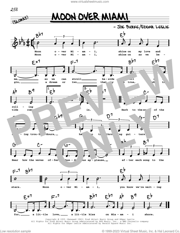 Moon Over Miami (Low Voice) sheet music for voice and other instruments (low voice) by Edgar Leslie and Joe Burke, intermediate skill level
