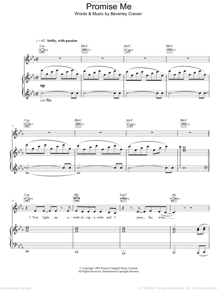 Promise Me sheet music for voice, piano or guitar by Beverley Craven, intermediate skill level