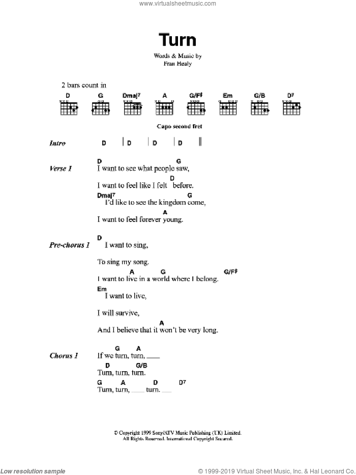 Turn sheet music for guitar (chords) by Merle Travis and Fran Healy, intermediate skill level