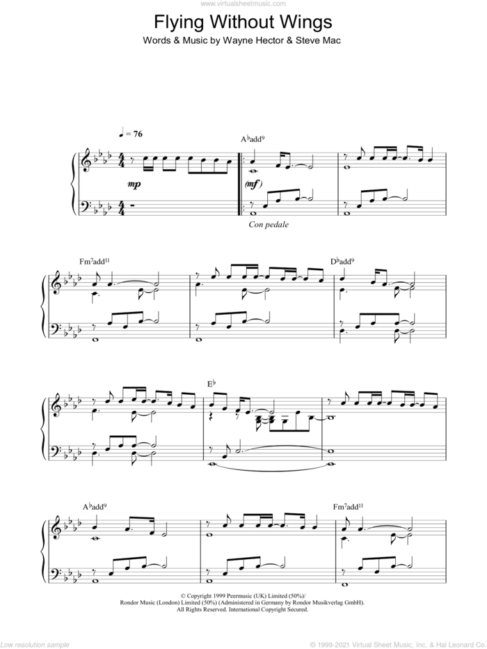 Flying Without Wings sheet music for piano solo by Westlife, Steve Mac and Wayne Hector, intermediate skill level
