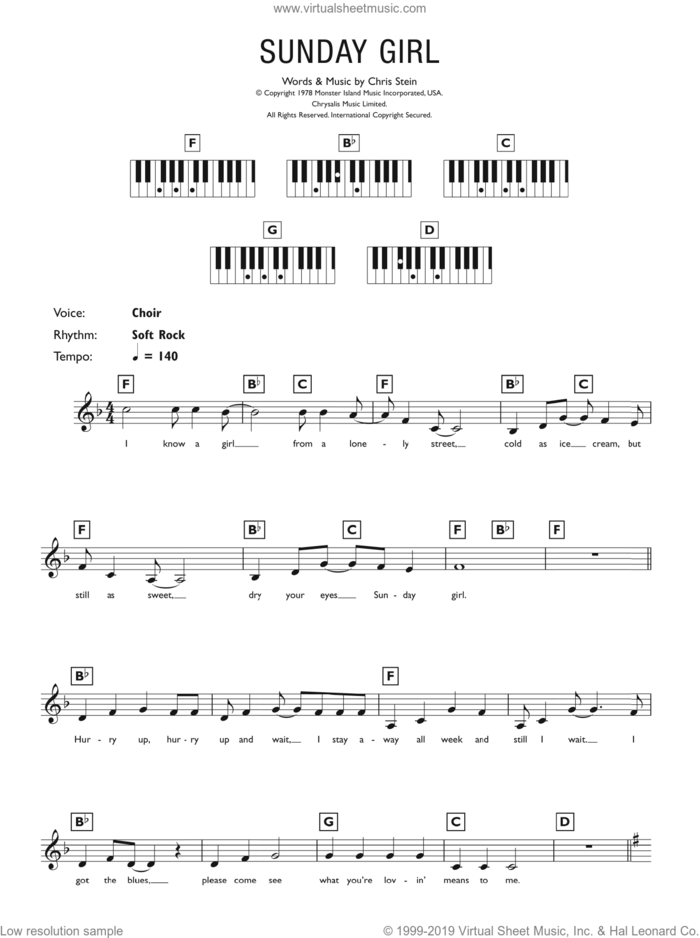 Sunday Girl sheet music for piano solo (keyboard) by Blondie and Chris Stein, intermediate piano (keyboard)