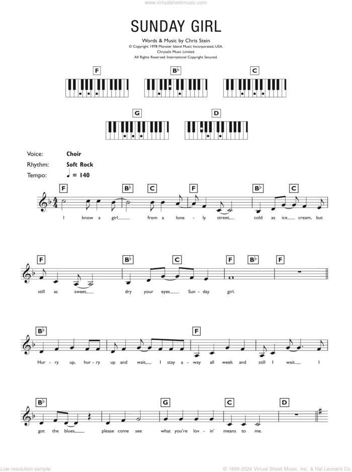 Sunday Girl sheet music for piano solo (keyboard) by Blondie and Chris Stein, intermediate piano (keyboard)