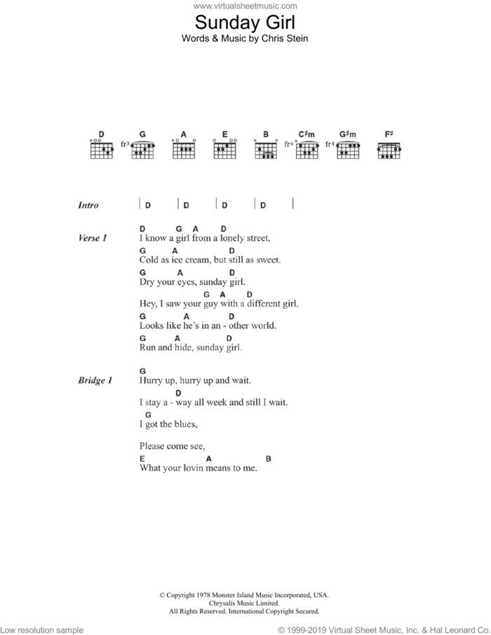 Sunday Girl sheet music for guitar (chords) by Blondie and Chris Stein, intermediate skill level