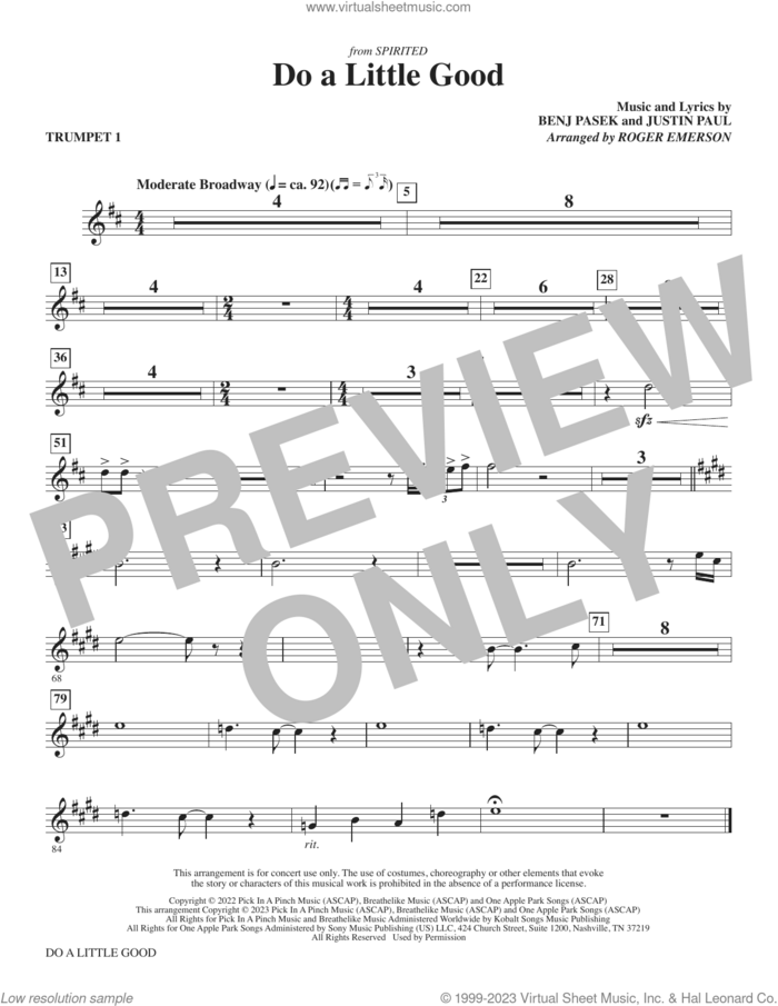 Do A Little Good (from Spirited) (arr. Roger Emerson) (complete set of parts) sheet music for orchestra/band (Instrumental Accompaniment) by Roger Emerson, Benj Pasek, Justin Paul and Pasek & Paul, intermediate skill level
