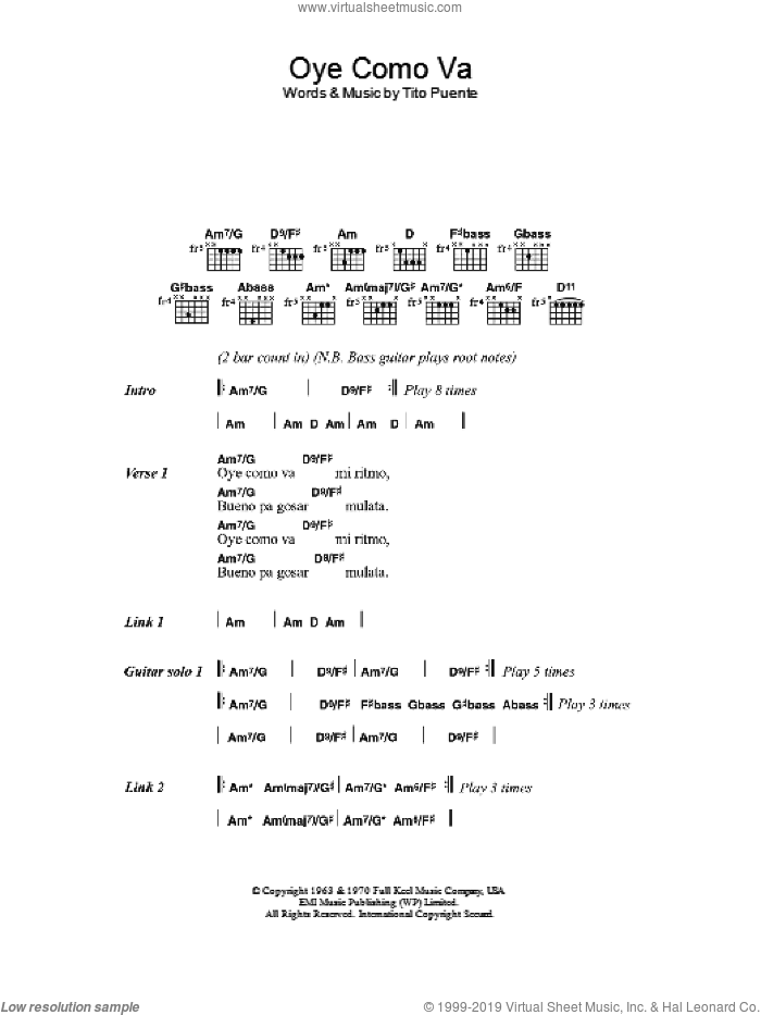 Oye Como Va sheet music for guitar (chords) by Tito Puente and Carlos Santana, intermediate skill level