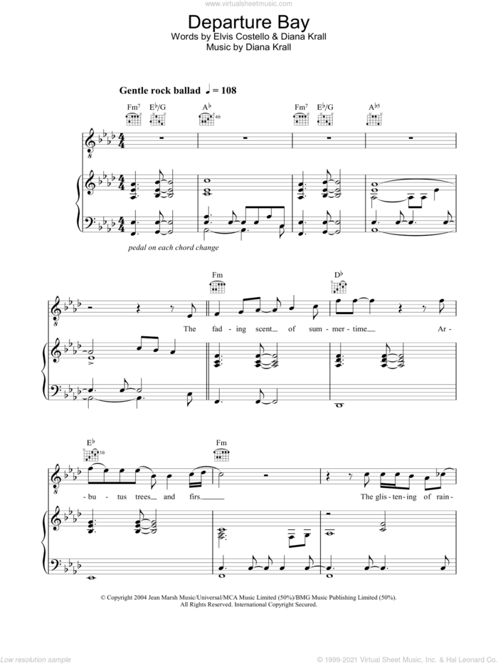Departure Bay sheet music for voice, piano or guitar by Diana Krall, intermediate skill level