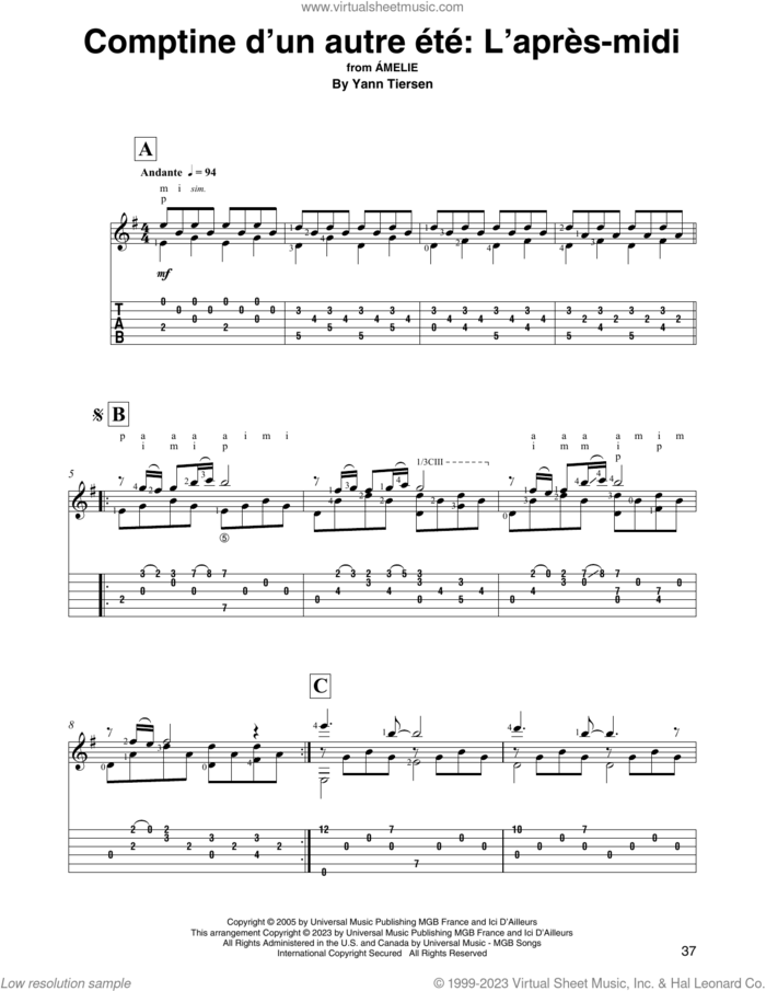 Comptine d'un autre ete: L'apres-midi (from Amelie) (arr. David Jaggs) sheet music for guitar solo by Yann Tiersen, classical score, intermediate skill level