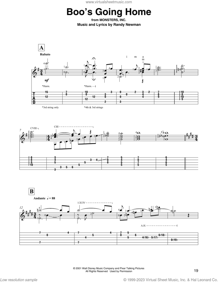 Boo's Going Home (from Monsters, Inc.) (arr. David Jaggs) sheet music for guitar solo by Randy Newman, intermediate skill level