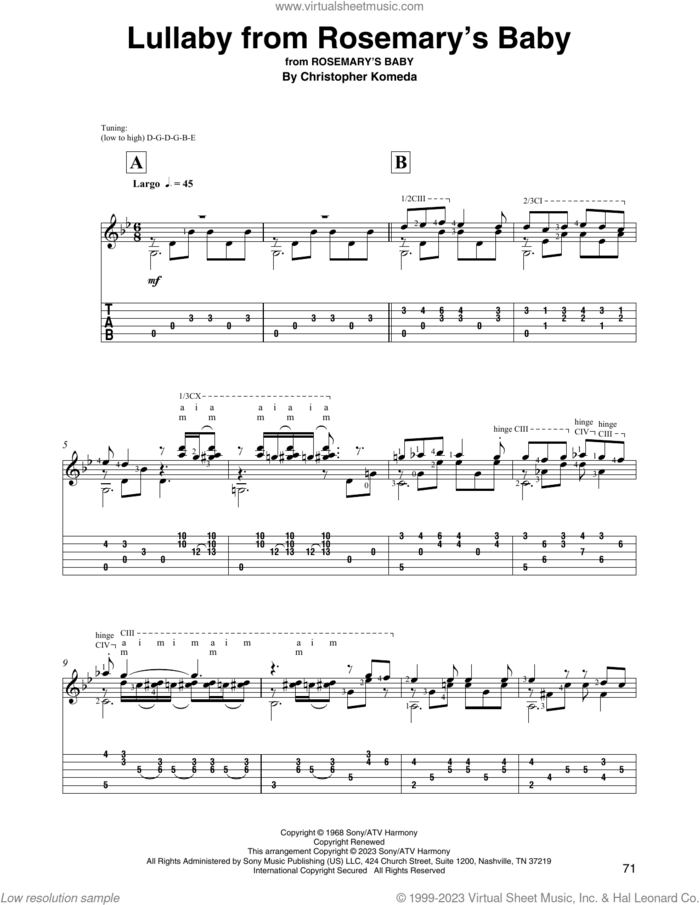 Lullaby From Rosemary's Baby (arr. David Jaggs) sheet music for guitar solo by Christopher Komeda, intermediate skill level