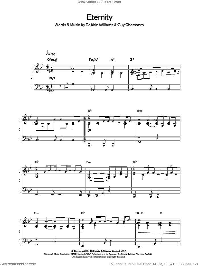 Eternity, (intermediate) sheet music for piano solo by Robbie Williams and Guy Chambers, intermediate skill level