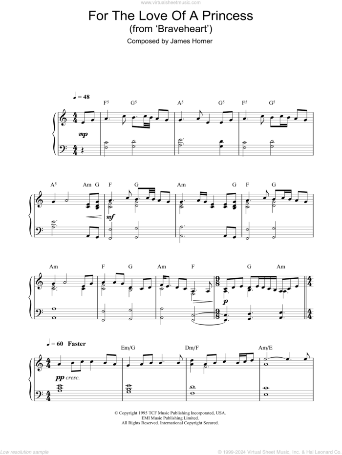 For The Love Of A Princess sheet music for piano solo by James Horner, intermediate skill level