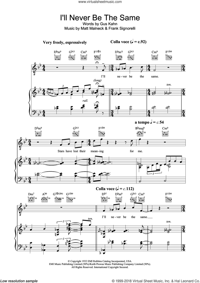 I'll Never Be The Same sheet music for voice, piano or guitar by Diana Krall, Frank Signorelli, Gus Kahn and Matt Malneck, intermediate skill level