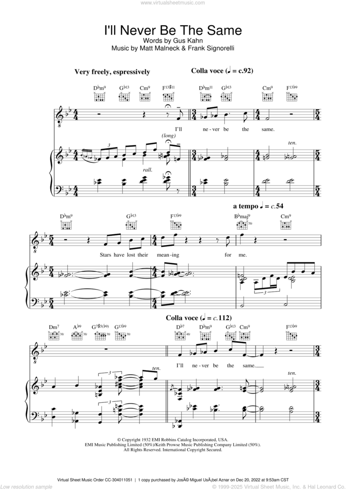 I'll Never Be The Same sheet music for voice, piano or guitar by Diana Krall, Frank Signorelli, Gus Kahn and Matt Malneck, intermediate skill level