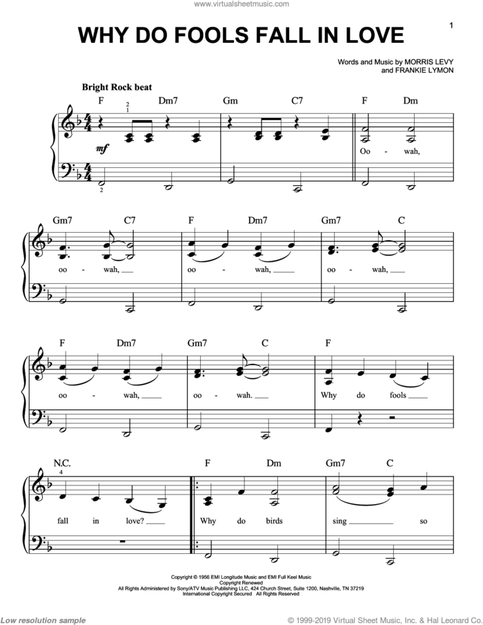 Why Do Fools Fall In Love sheet music for piano solo by Frankie Lymon & The Teenagers, Frankie Lymon and Morris Levy, easy skill level
