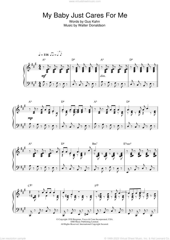 My Baby Just Cares For Me sheet music for piano solo by Nina Simone, Gus Kahn and Walter Donaldson, intermediate skill level