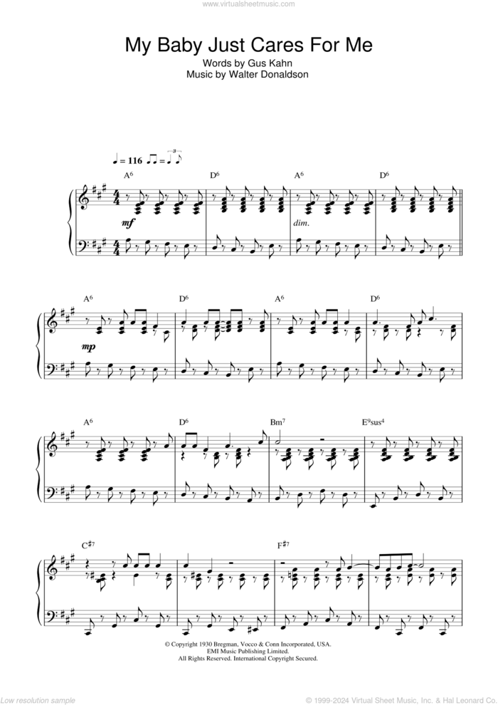 My Baby Just Cares For Me sheet music for piano solo by Nina Simone, Gus Kahn and Walter Donaldson, intermediate skill level