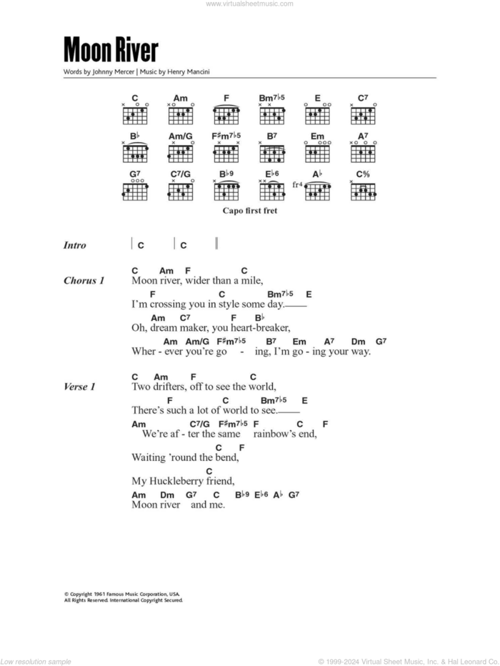 Moon River sheet music for guitar (chords) by Henry Mancini, Andy Williams and Johnny Mercer, wedding score, intermediate skill level