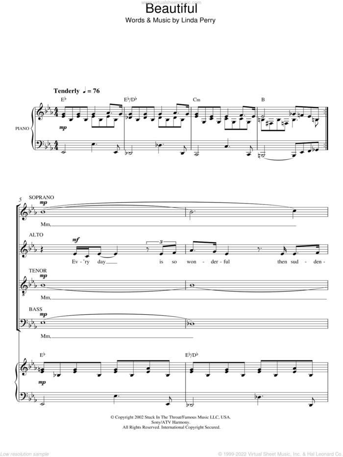 Beautiful sheet music for choir (SATB: soprano, alto, tenor, bass) by Christina Aguilera and Linda Perry, intermediate skill level