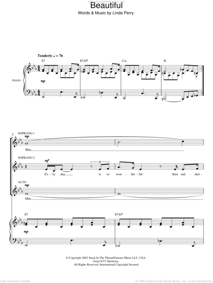 Beautiful sheet music for choir (SSA: soprano, alto) by Christina Aguilera and Linda Perry, intermediate skill level