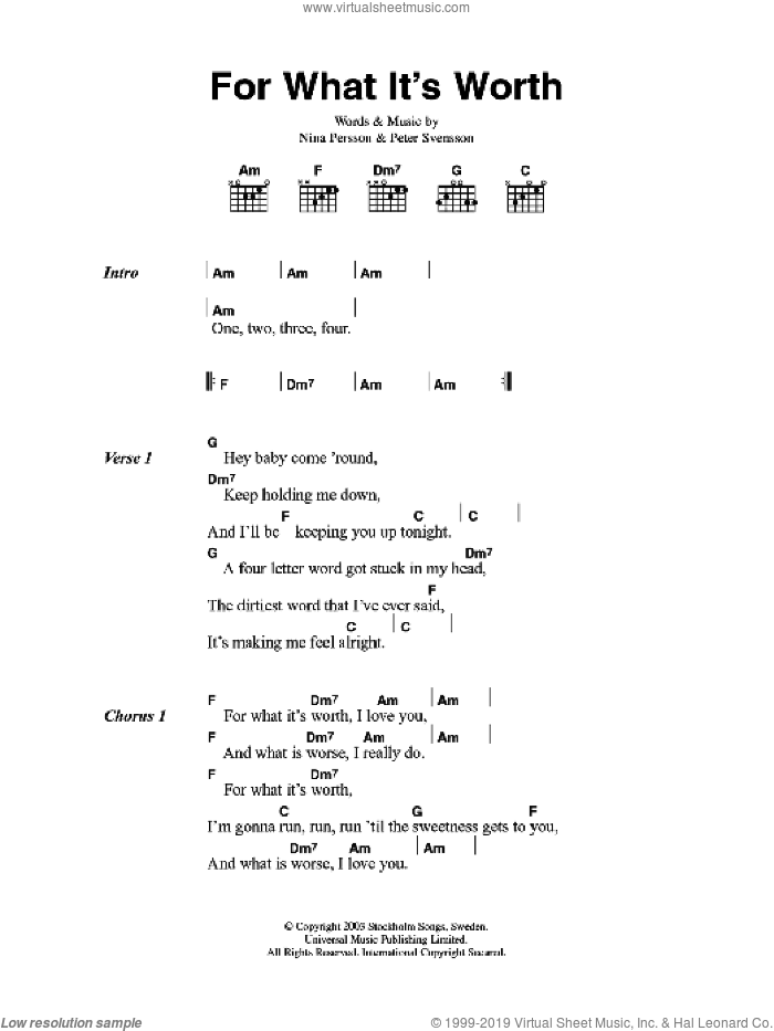 For What It's Worth sheet music for guitar (chords) by The Cardigans, Nina Persson and Peter Svensson, intermediate skill level