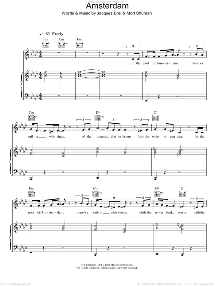 Amsterdam sheet music for voice, piano or guitar by Scott Walker, Jacques Brel and Mort Shuman, intermediate skill level