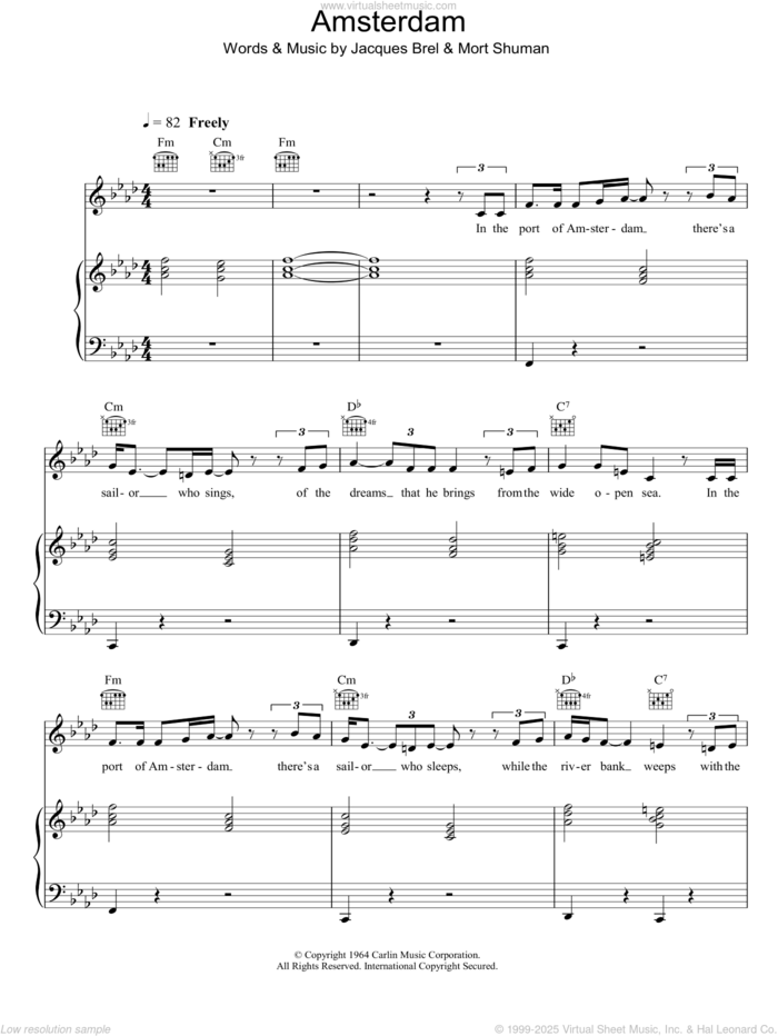 Amsterdam sheet music for voice, piano or guitar by Scott Walker, Jacques Brel and Mort Shuman, intermediate skill level