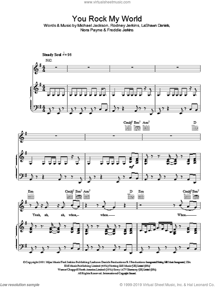 You Rock My World sheet music for voice, piano or guitar by Michael Jackson, Freddie Jerkins, LaShawn Daniels, Nora Payne and Rodney Jerkins, intermediate skill level