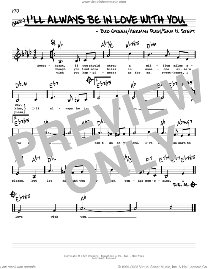 I'll Always Be In Love With You (Low Voice) sheet music for voice and other instruments (low voice) by Bud Green, Herman Ruby and Sam H. Stept, intermediate skill level