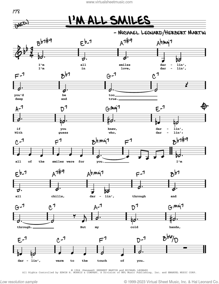 I'm All Smiles (Low Voice) sheet music for voice and other instruments (low voice) by Herbert Martin and Michael Leonard, intermediate skill level