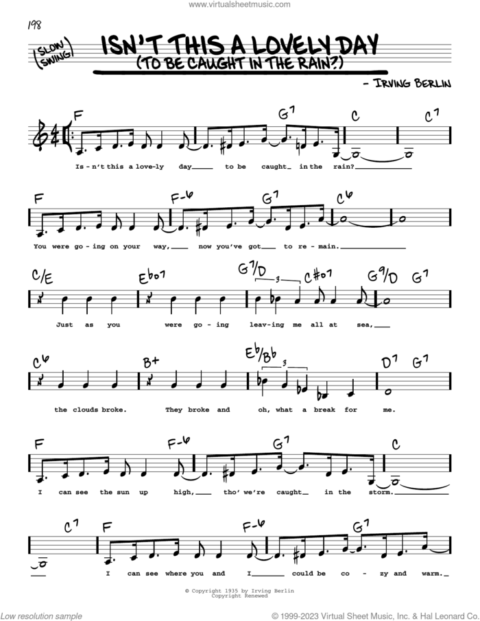 Isn't This A Lovely Day (To Be Caught In The Rain?) (Low Voice) sheet music for voice and other instruments (low voice) by Irving Berlin, intermediate skill level