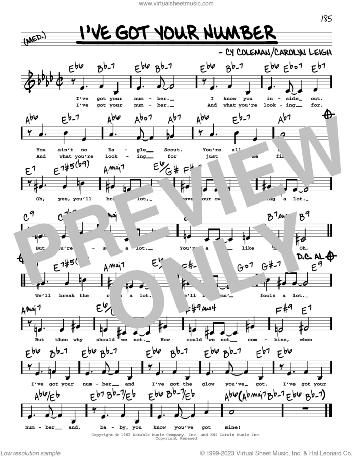 I've Got Your Number (Low Voice) sheet music for voice and other instruments (low voice) by Carolyn Leigh and Cy Coleman, intermediate skill level